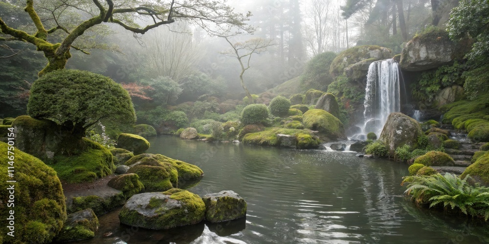 Poster a serene waterfall cascades into a tranquil pond surrounded by mossy rocks and lush greenery, creati