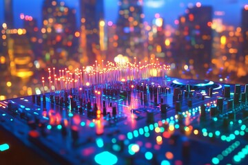 Vibrant city night scene featuring glowing fiber optics and a DJ mixer, with colorful lights and reflections creating a dynamic, high-tech atmosphere."