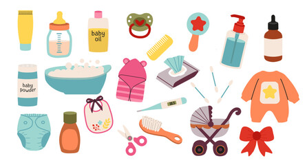 baby care elements set isolated on white Vector illustration in flat  stile