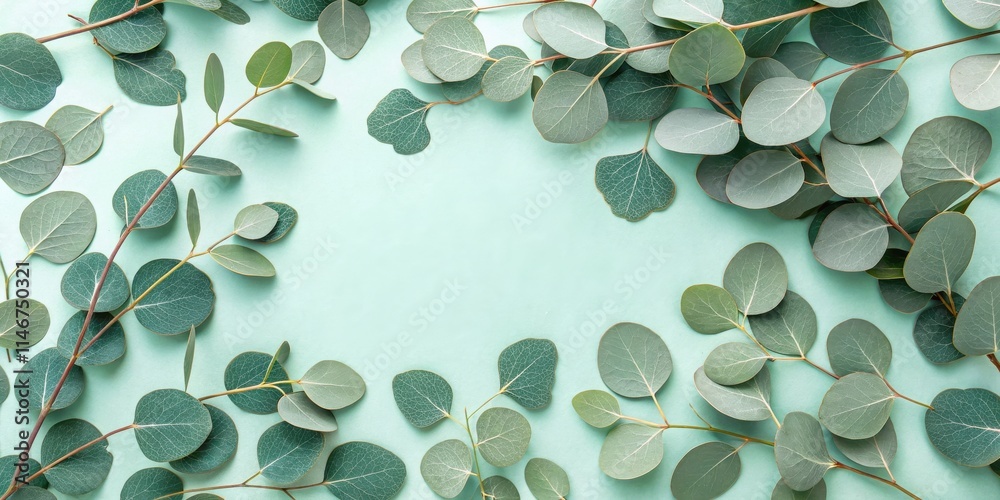 Poster a delicate arrangement of eucalyptus leaves on a soft mint background, creating a natural and elegan