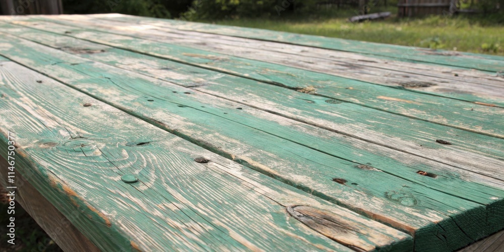 Poster a weathered, green wooden table surface shows the passing of time and many seasons of use.