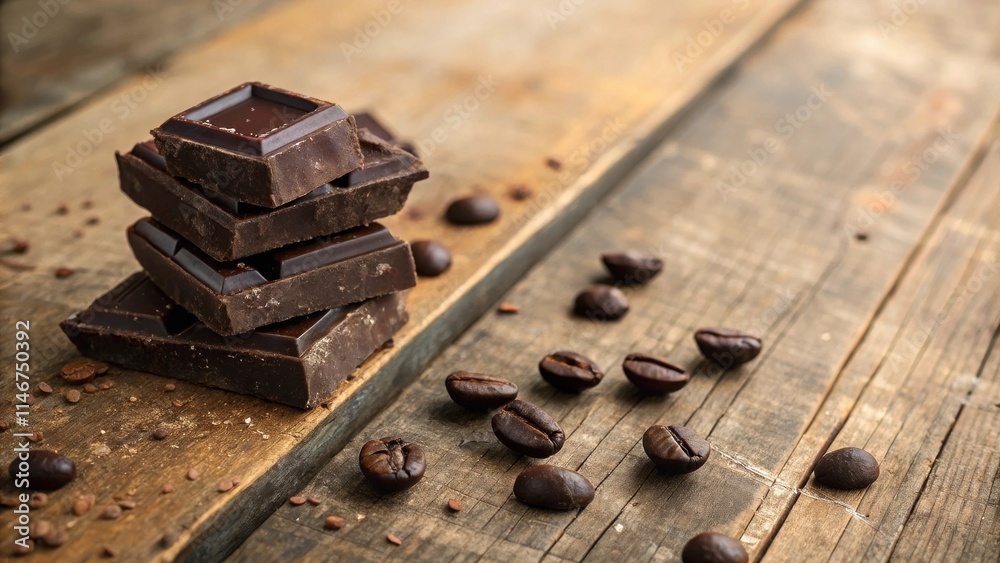 Poster a stack of dark chocolate squares sits beside scattered coffee beans on a rustic wooden surface.