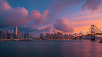 Obraz premium san francisco skyline and bay bridge sunset