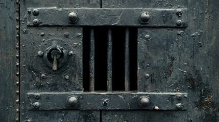 Aged Metal Prison Door with Vertical Bars and Lock Mechanism, Evoking a Sense of Mystery, History, and Intrigue with Weathered Texture and Dark Finish