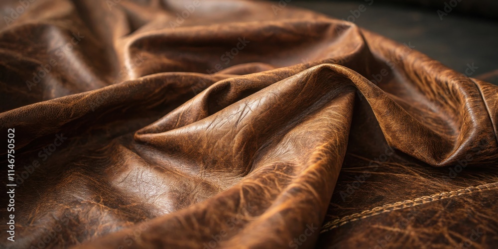 Aufkleber Textured Brown Leather Draped in Gentle Folds, Displaying Natural Grain and Subtle Variations in Color