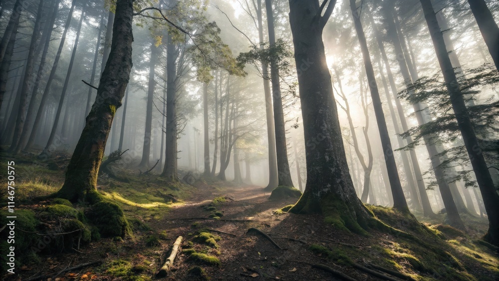 Poster Sunbeams pierce through the mist in a dense forest, illuminating the path ahead with an ethereal glow.