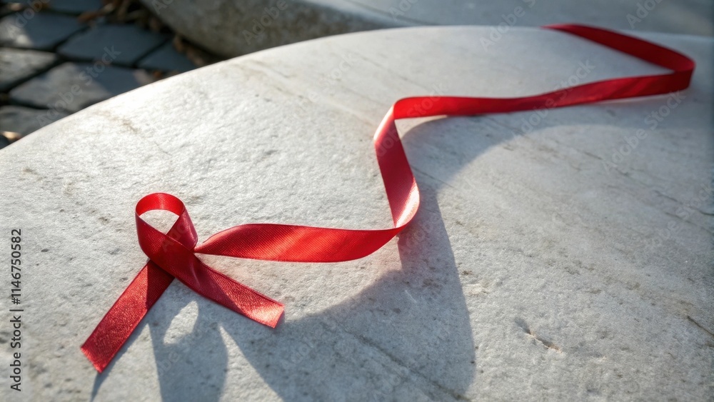 Poster a single red ribbon tied into a bow on a white surface with natural light casting shadows