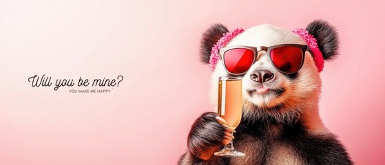 Romantic Panda with Sunglasses and Champagne, Valentines Day Stock Photo