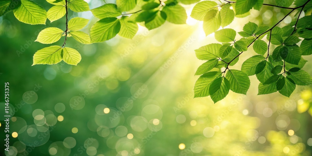 Poster sunlight filtering through lush green foliage, creating a serene and tranquil atmosphere
