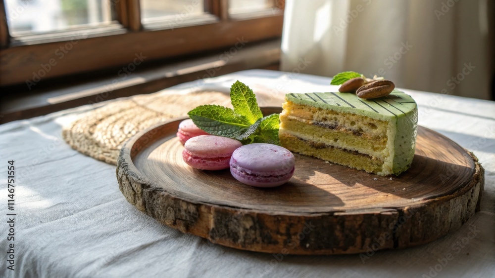 Poster A slice of cake with a green icing, decorated with nuts, sits next to three macarons on a rustic wooden platter