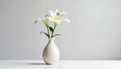 White Lily Flowers in a Vase on a Minimalist Background, Flowers for women, international women's day