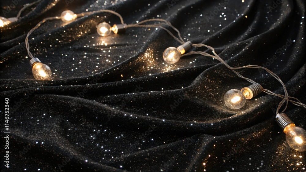 Poster a string of fairy lights illuminates a dark, shimmering fabric, creating a magical and festive atmos