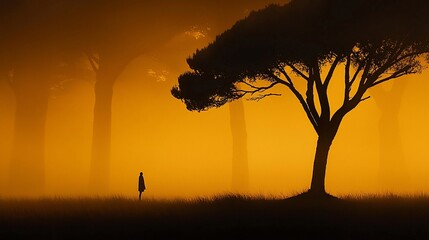 Solitary figure in a misty orange forest at sunset.