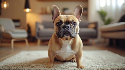 French bulldog on plush rug in chic living room