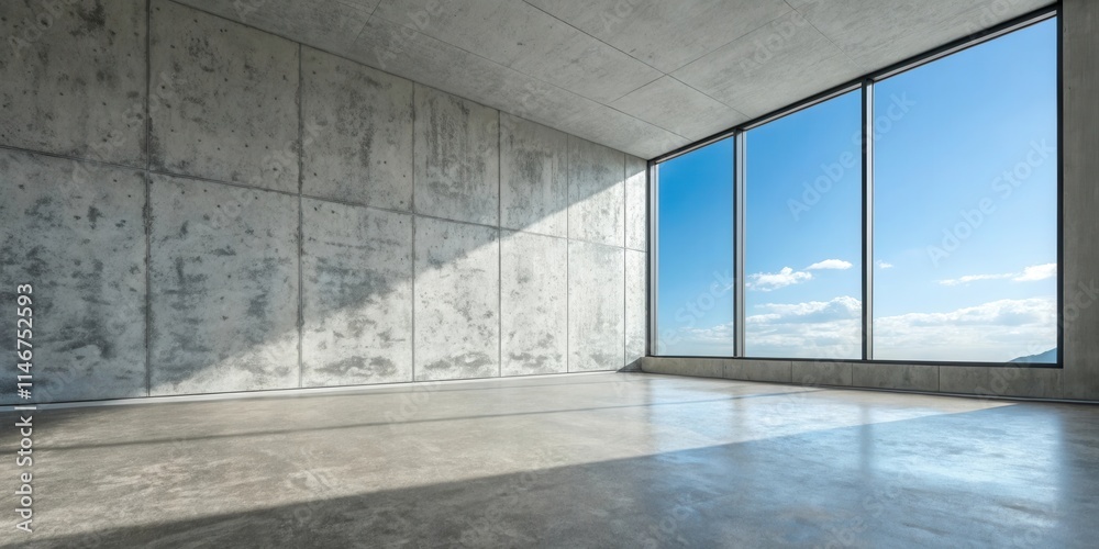 Poster a minimalist concrete room with a window offering a view of the sky and horizon