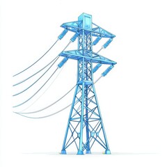 A blue, stylized illustration of an electricity transmission tower with wires extending from it against a plain background.