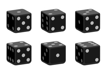 Black dice with white dots. Vector set isolated on white background. 3d dice.