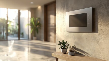Modern Living Room with Elegant Decor Featuring a Minimalist Television and Stylish Indoor Plants in a Bright Sunlit Space