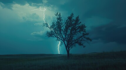 Obraz premium Dramatic Lightning Strike Illuminating a Solitary Tree Against a Stormy Sky in a Remote Landscape at Dusk