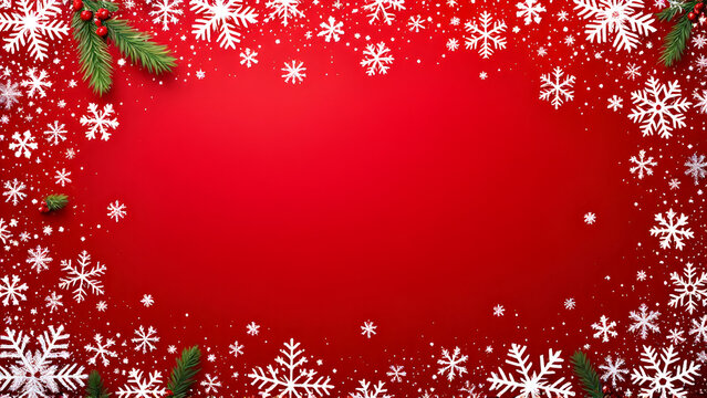Red christmas background decorated with snowflakes with copyspace for text.