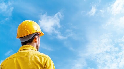 Construction worker looking up at sky.