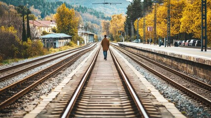 Fototapeta premium A solitary traveler walks along the empty railway tracks surrounded by vibrant autumn foliage and a serene atmosphere, embodying adventure and reflection in nature's beauty.
