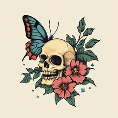 Skull and Butterfly Arm tattoo flash illustration