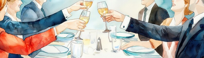 Business colleagues celebrating a deal by tapping glasses at a formal dinner, business cooperation, policy success