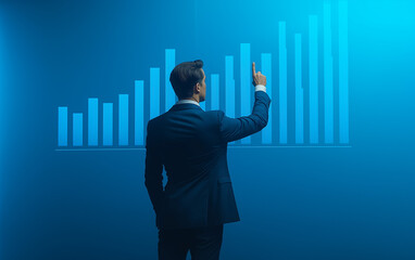 Professional Man Presenting Financial Graph in Corporate Setting, Dark Shiny Suit, Gesturing with Authority, Multi-Color Line Graph, Blue Gradient Background, Business Analysis Scene