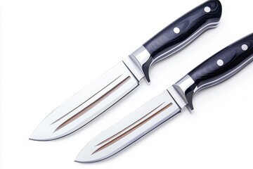 Fototapeta premium Two sleek kitchen knives with polished blades and ergonomic black handles, ideal for precision cutting and culinary tasks.