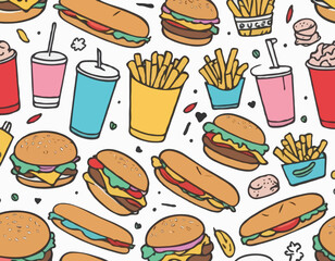 Whimsical assortment of colorful fast food doodles including burgers sandwiches fries drinks and desserts on a clean white background ideal for menu designs.