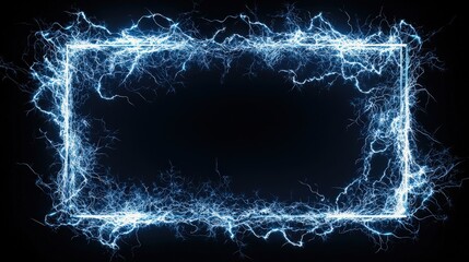 Glowing rectangular frame of vibrant blue lightning against a dark background, showcasing dynamic energy, electric patterns, and the striking intensity of a charged and electrifying concept.
