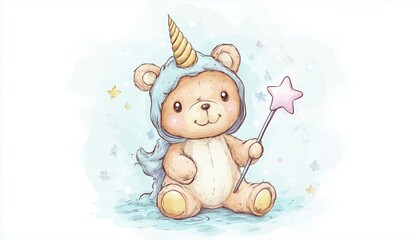 Fototapeta premium Adorable Teddy Bear In Unicorn Outfit With Magic Wand, Hand-Drawn In Watercolor Style With A White Background.