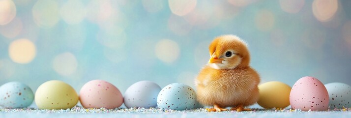 Cute fluffy chick beside pastel colored eggs on a soft backdrop for spring celebrations