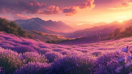 serene lavender fields at sunset in the mountains
