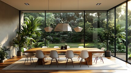 Fototapeta premium Modern dining room with large windows overlooking a lush garden. (1)