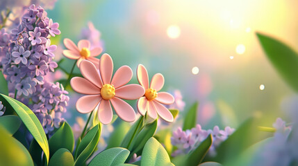 Naklejka premium Delicate pink daisies and purple lilacs flourish in a vibrant garden. Sunlight gently illuminates the flowers, creating a serene and lively atmosphere.