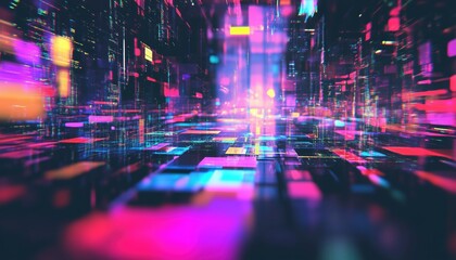 Fototapeta premium Retrofuturistic Glitched Elements In Holographic Neon Palette On Black: Vaporwave, Synthwave, Synthpop Aesthetics Of 80s-90s Tomorrow'S Yesterday.