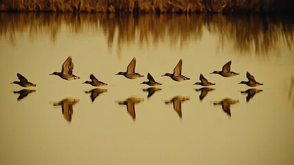 Birds flying in formation over a lake, reflecting the harmony of animals in their natural habitat.
