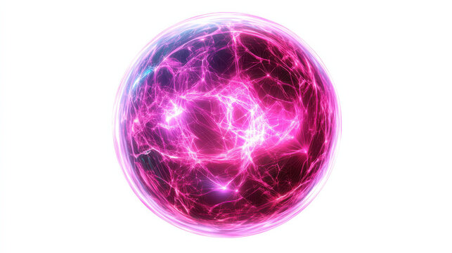 A futuristic digital sphere composed of glowing neon lines and pulsating geometric patterns, radiating in shades of magenta and cyan. The background is pure white, enhancing the vibrant hues and intri