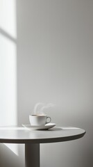 White wall, minimalist style, empty table with a steaming cup of coffee on it, close-up, photography 