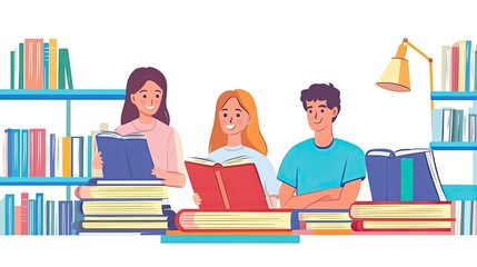 Students in a library studying together for an upcoming exam, surrounded by books.