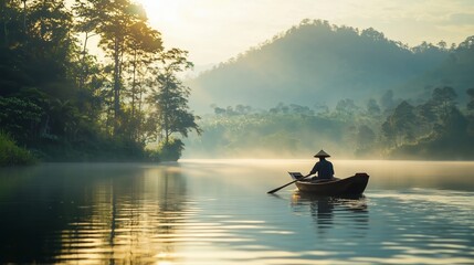 Serene Morning Scene of a Fisherman in a Wooden Boat on Calm Waters Surrounded by Lush Greenery and Misty Mountains Under Soft Light of Sunrise