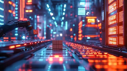 Fototapeta premium Futuristic Warehouse with Automated Robot Arm and Colorful Neon Lights in a High-Tech Environment, Showcasing Advanced Robotics and Modern Logistics Solutions