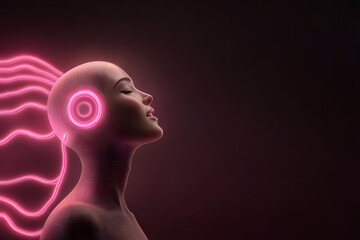 Obraz premium futuristic robot with glowing headphones enjoys music, radiating serenity