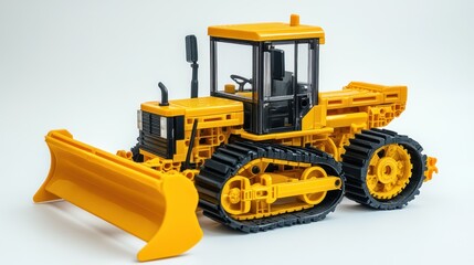 Yellow toy bulldozer with tracks and blade, isolated on white background.