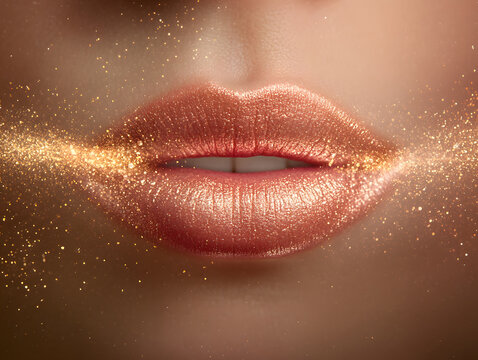 Glistening metallic lips with sparkling gold dust create captivating visual