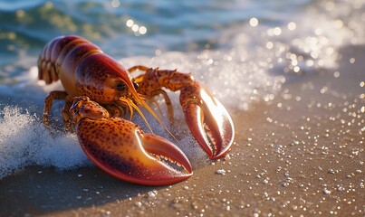 A realistic lobster emerging from the surf on a sandy beach.