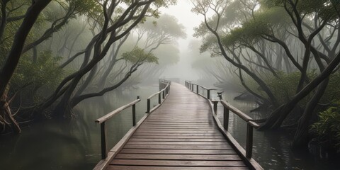 A wooden boardwalk winds its way through the misty mangrove trees in a serene and peaceful environment ,  wood,  boardwalk