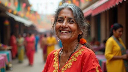 Fototapeta premium Joyful Woman in Traditional Attire Smiling in Vibrant Marketplace